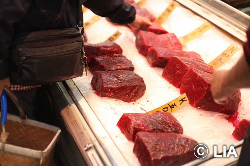 Whale meat is typically sold openly at Tsukiji Market, or canned and available all over Japan.